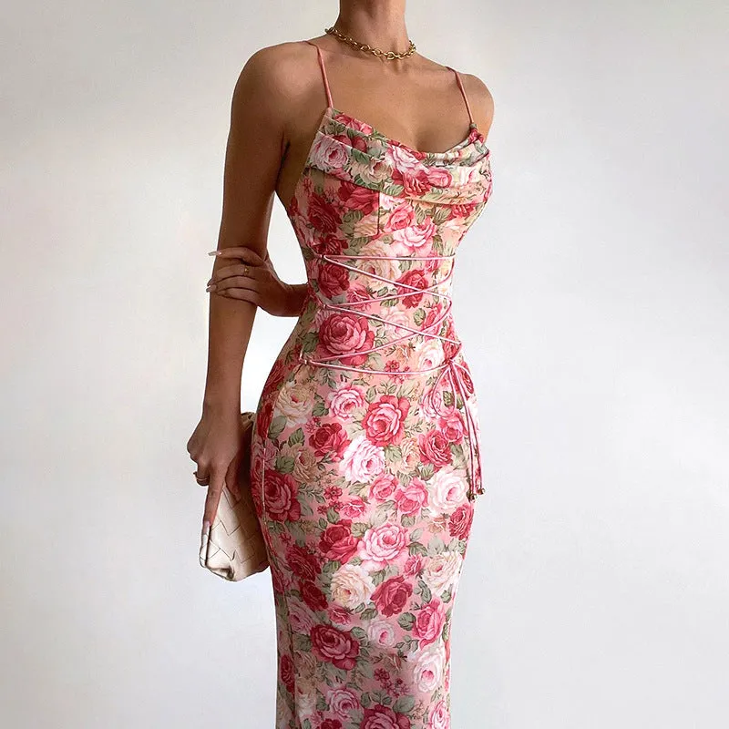 Long Spaghetti Strap Floral Print Slim Lace up Dress