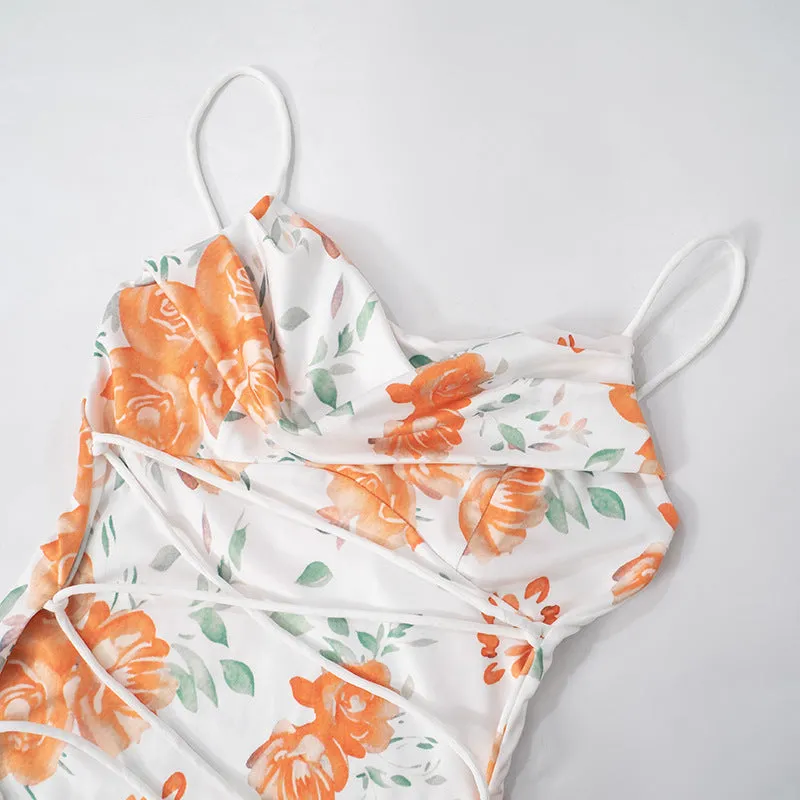 Long Spaghetti Strap Floral Print Slim Lace up Dress