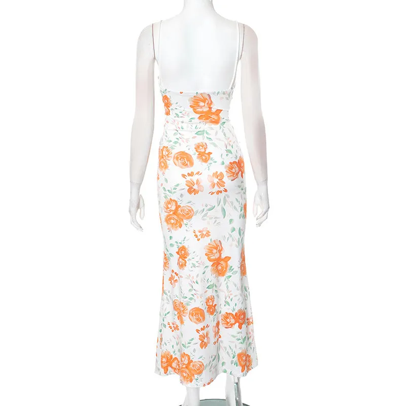 Long Spaghetti Strap Floral Print Slim Lace up Dress