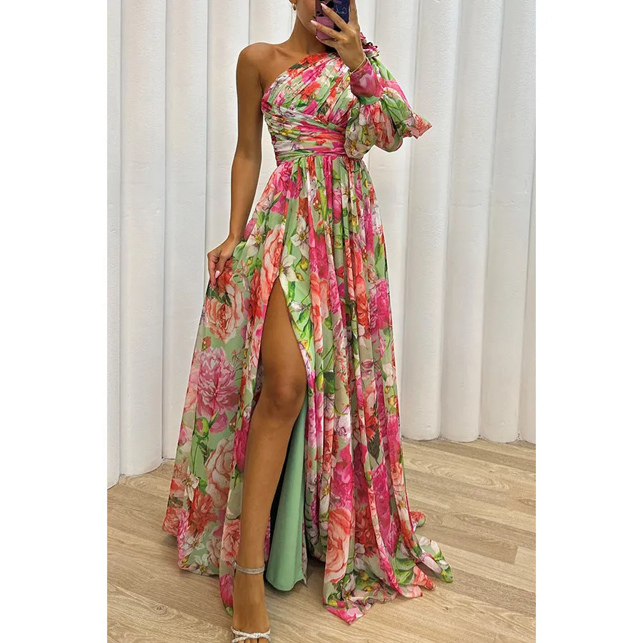 Loose Multi Color One Shoulder Split Formal Dress