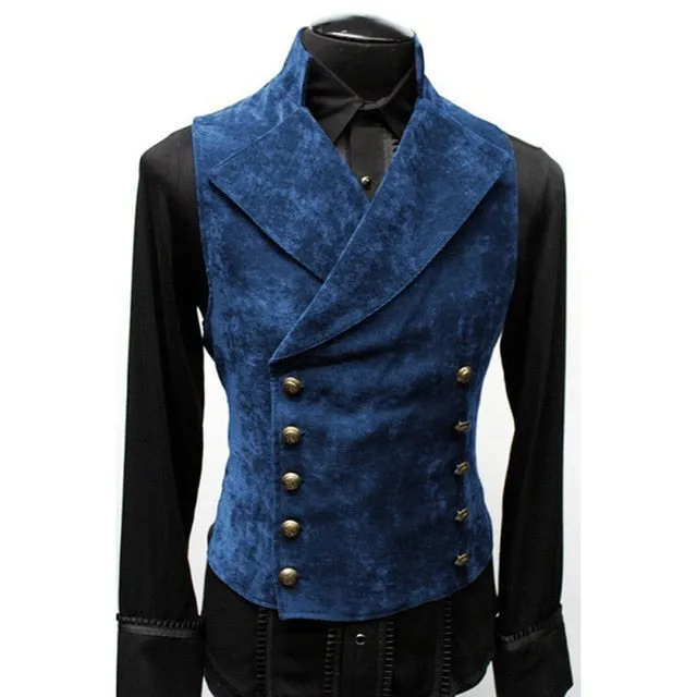 Mens Double Breasted Gothic Steampunk Velvet Vest Stand Collar Medieval Victorian Black Waistcoat Men Stage Cosplay Prom Costume