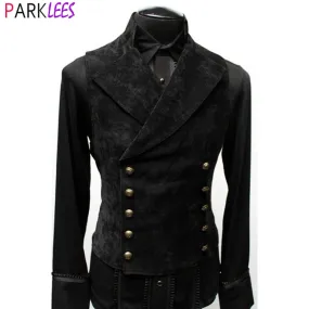 Mens Double Breasted Gothic Steampunk Velvet Vest Stand Collar Medieval Victorian Black Waistcoat Men Stage Cosplay Prom Costume