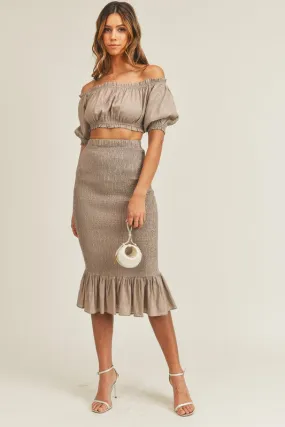 Mocha Off Shoulder, Skirt Set