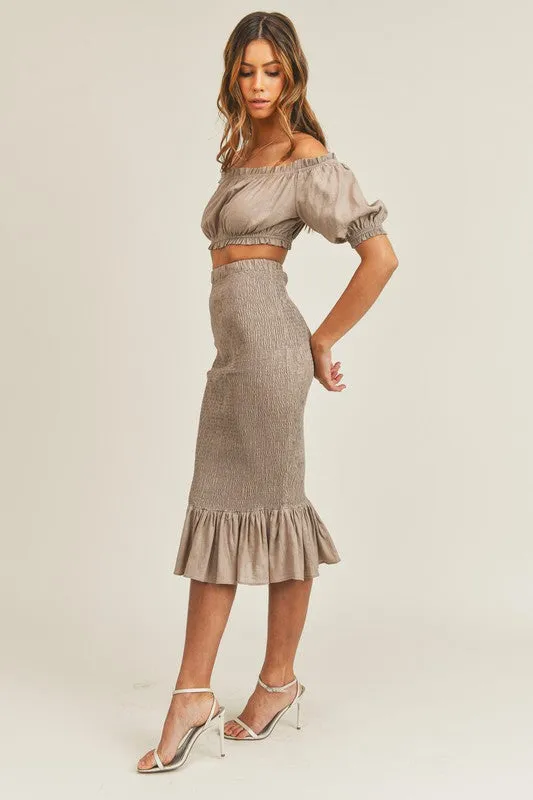 Mocha Off Shoulder, Skirt Set
