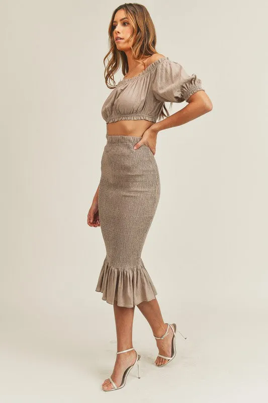 Mocha Off Shoulder, Skirt Set