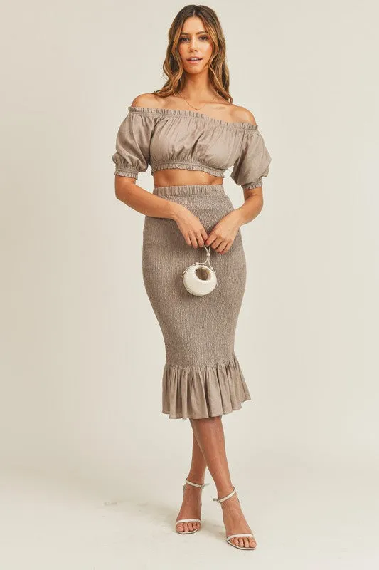Mocha Off Shoulder, Skirt Set