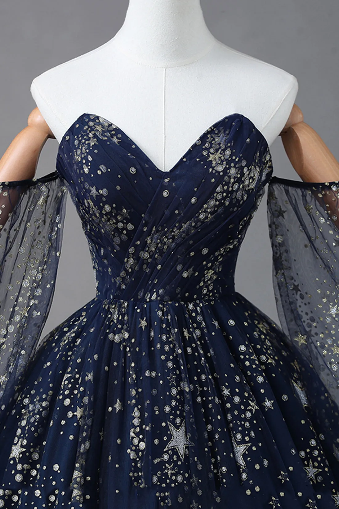 Navy Blue Star Tulle Floor Prom Dress, A-Line Long Sleeve Evening Formal Dress