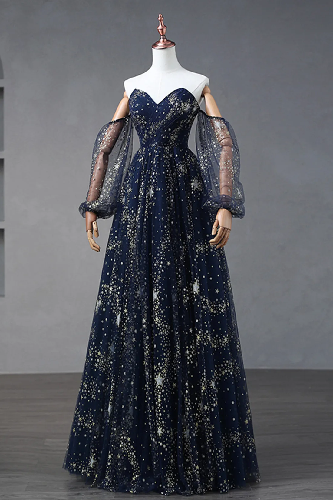 Navy Blue Star Tulle Floor Prom Dress, A-Line Long Sleeve Evening Formal Dress