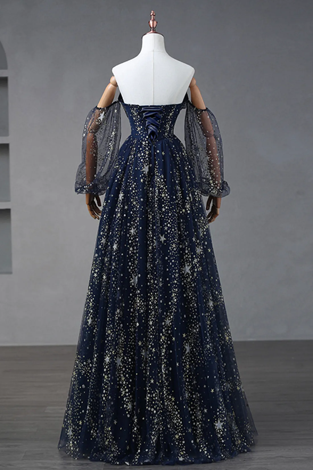 Navy Blue Star Tulle Floor Prom Dress, A-Line Long Sleeve Evening Formal Dress