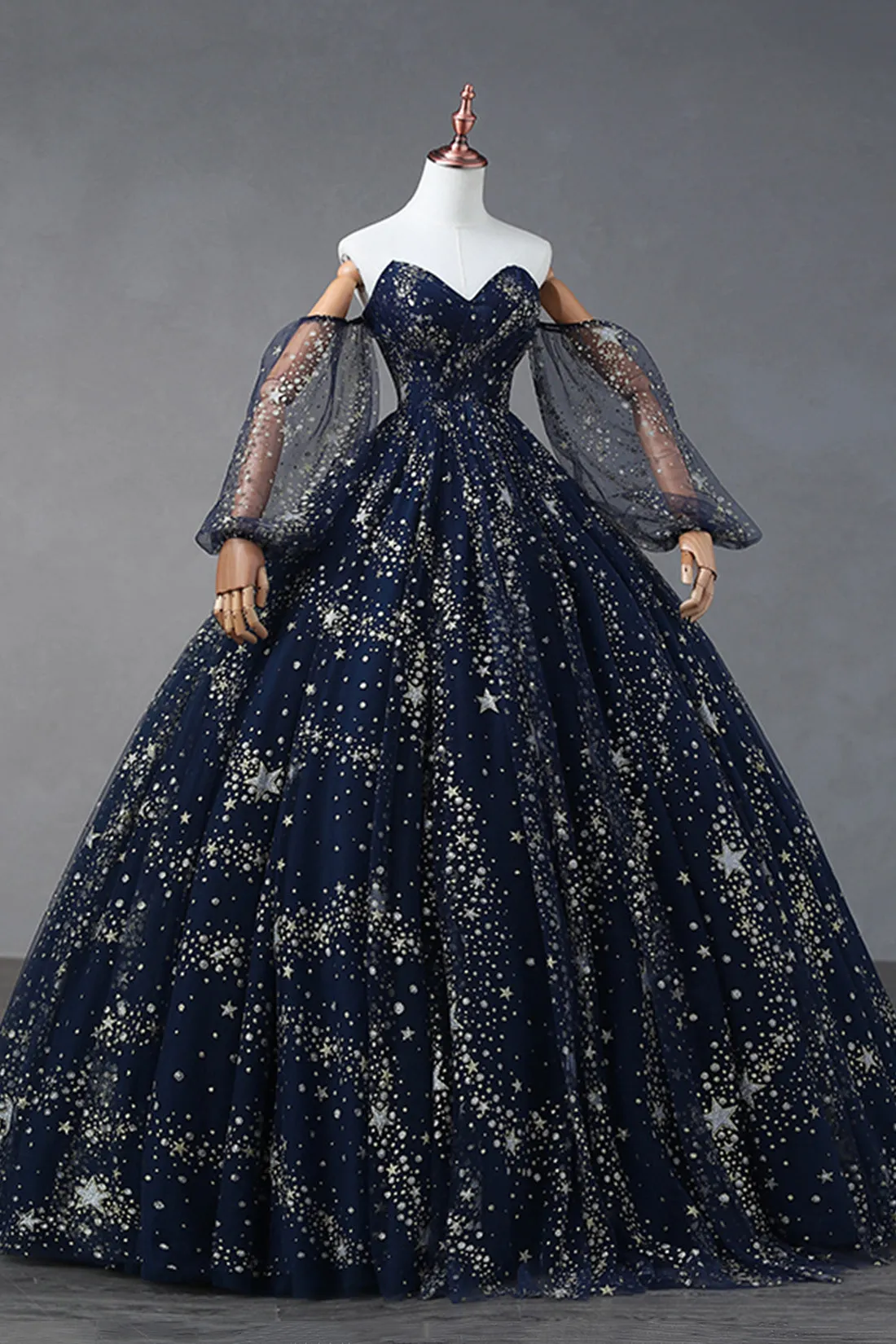 Navy Blue Star Tulle Floor Prom Dress, A-Line Long Sleeve Evening Formal Dress
