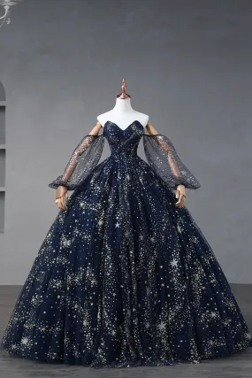 Navy Blue Star Tulle Floor Prom Dress, A-Line Long Sleeve Evening Formal Dress