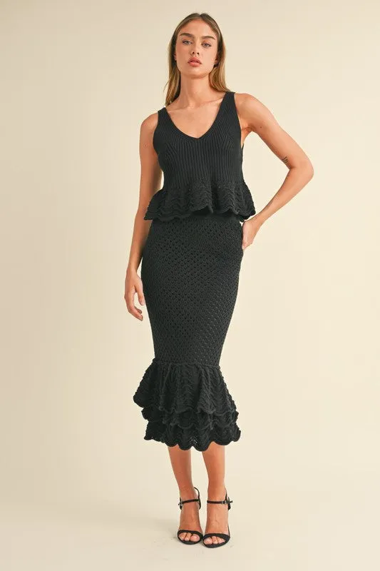 NEWEST ARRIVAL Black Crochet Knit Midi Skirt Set