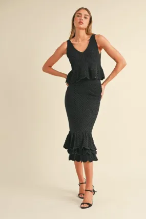 NEWEST ARRIVAL Black Crochet Knit Midi Skirt Set