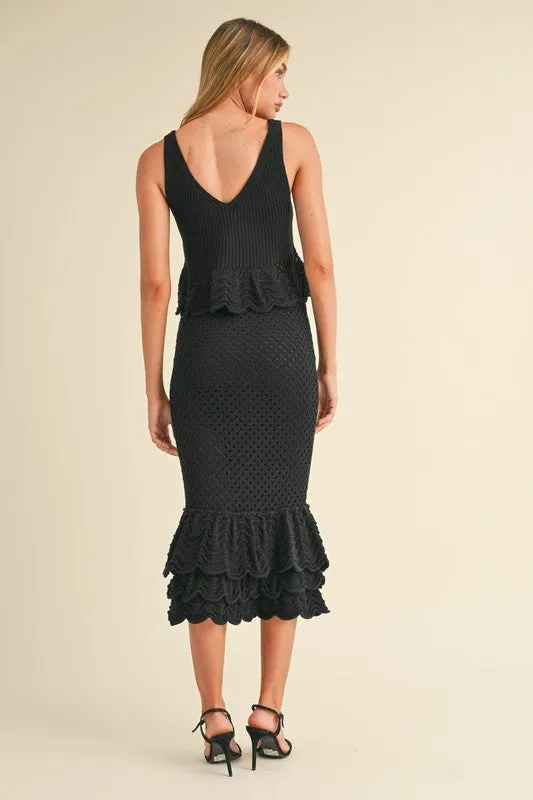 NEWEST ARRIVAL Black Crochet Knit Midi Skirt Set