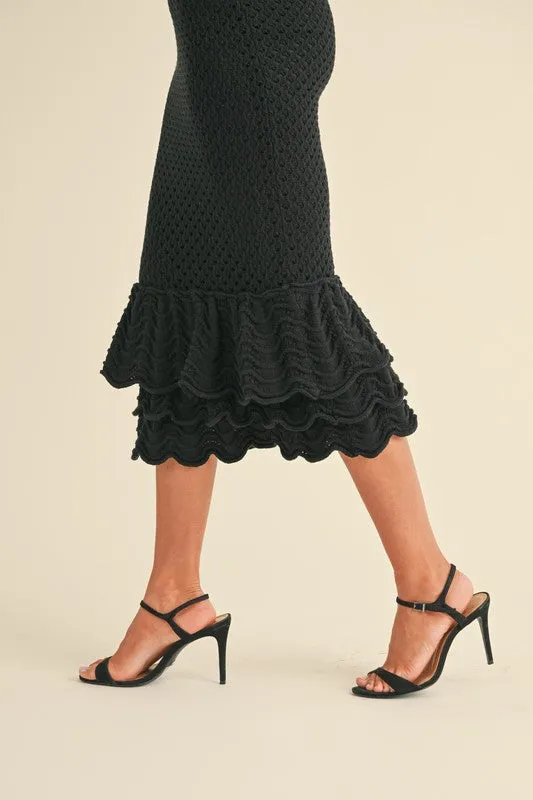 NEWEST ARRIVAL Black Crochet Knit Midi Skirt Set