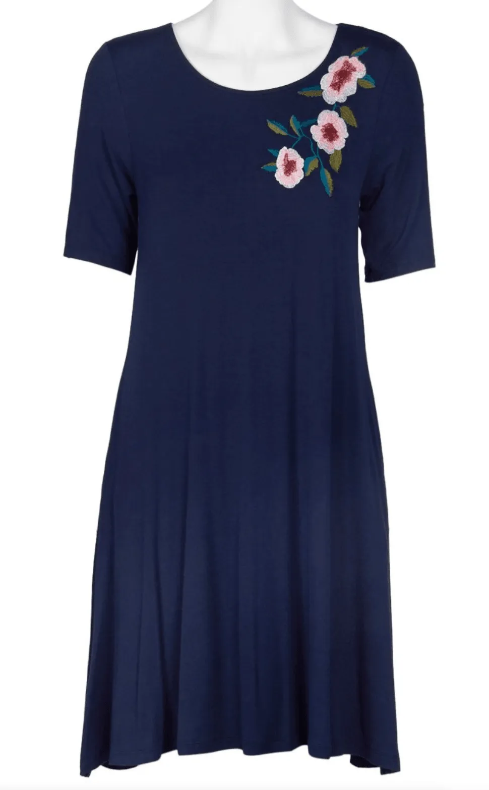 Nina Leonard Short Sleeve Navy Embroidered Jersey Dress