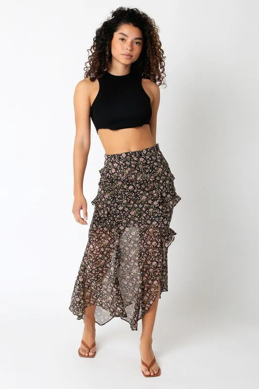Olivia Black Floral Print Midi Skirt
