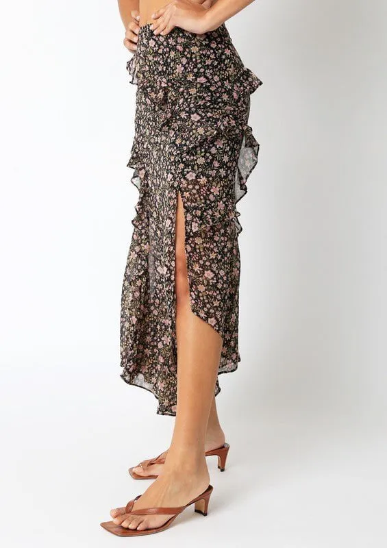 Olivia Black Floral Print Midi Skirt