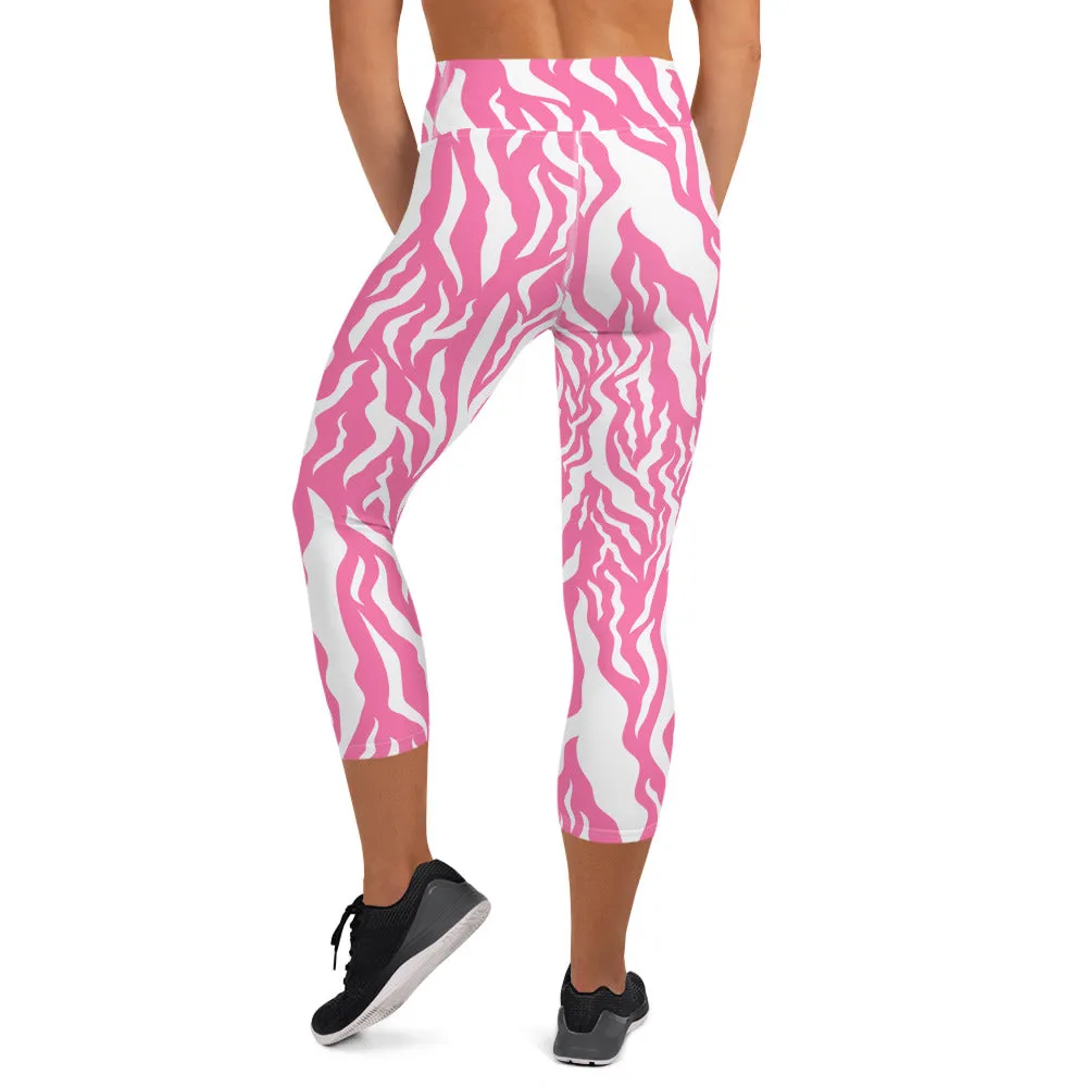 Pink Zebra Print Yoga Capri Leggings Activewear Capri Leggings, lioness-love.com