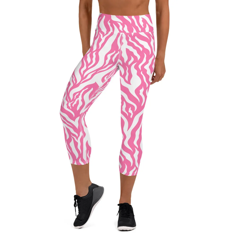Pink Zebra Print Yoga Capri Leggings Activewear Capri Leggings, lioness-love.com