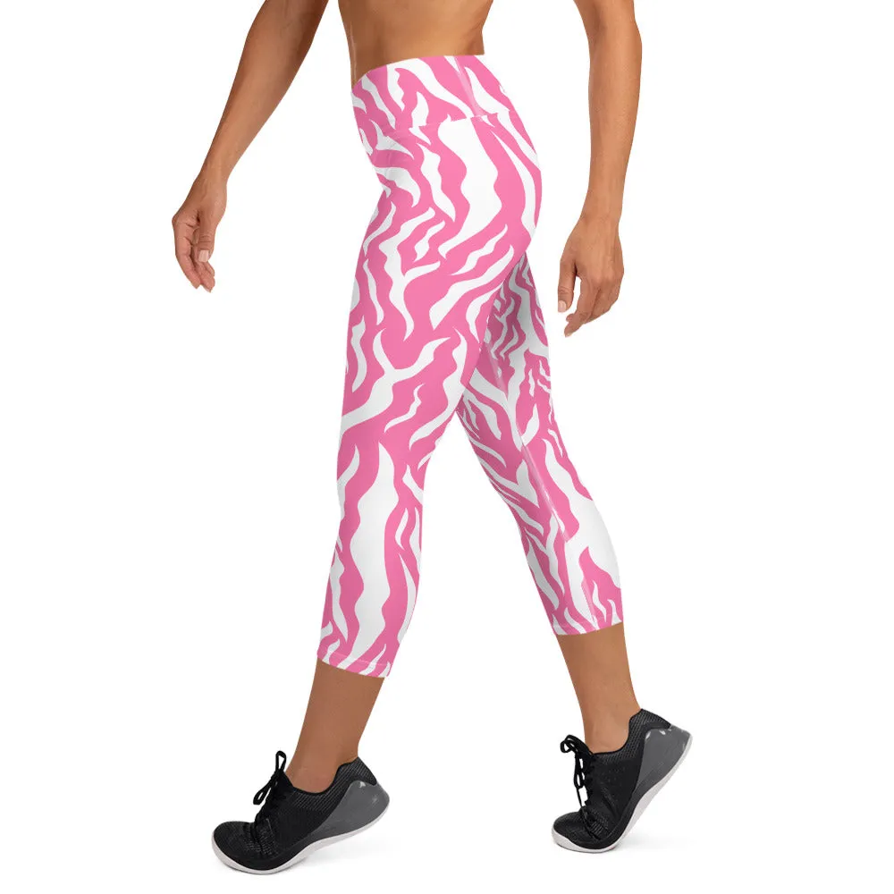 Pink Zebra Print Yoga Capri Leggings Activewear Capri Leggings, lioness-love.com