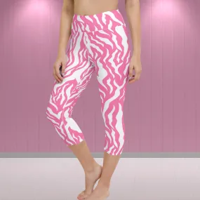 Pink Zebra Print Yoga Capri Leggings Activewear Capri Leggings, lioness-love.com