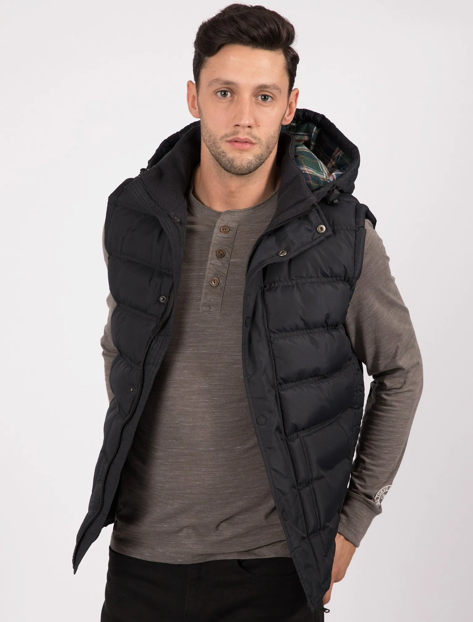 Redshift Quilted Puffer Gilet with Checked Lined Hood in Black - Tokyo Laundry