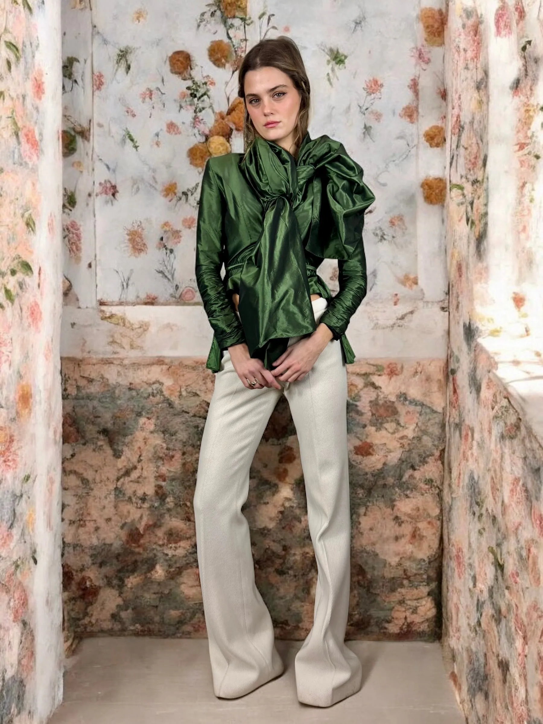 Ronit, bottle green silk top with large necktie