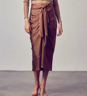 Satin Tie Slit Midi Skirt