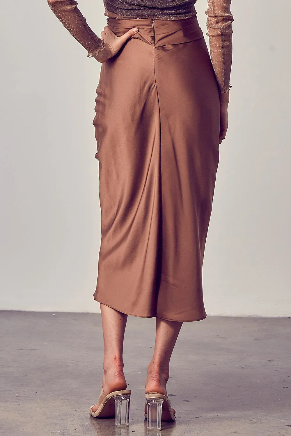 Satin Tie Slit Midi Skirt