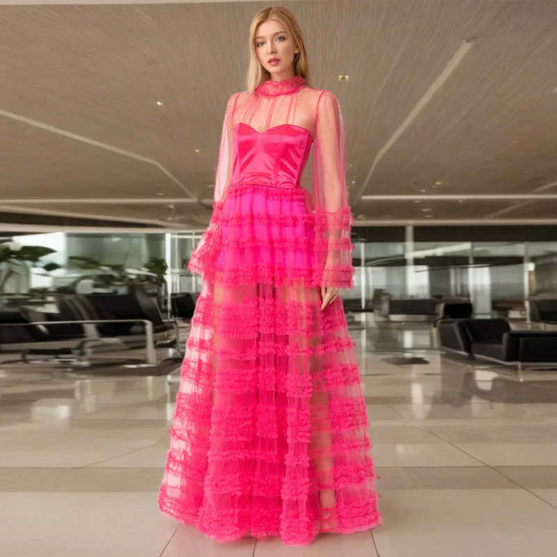 Stand Collar Sheer Mesh Tiered Formal Dress