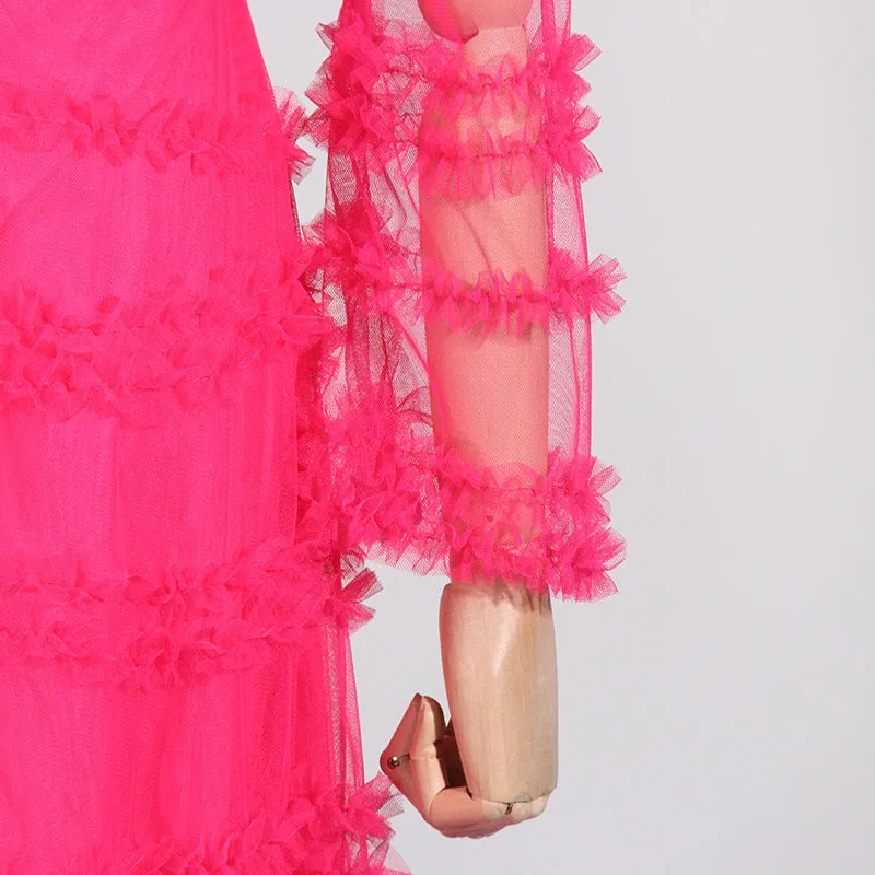 Stand Collar Sheer Mesh Tiered Formal Dress