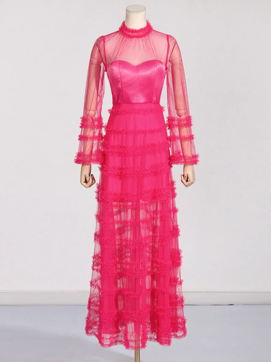 Stand Collar Sheer Mesh Tiered Formal Dress