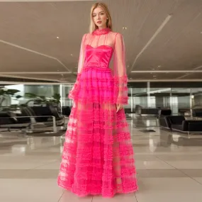 Stand Collar Sheer Mesh Tiered Formal Dress