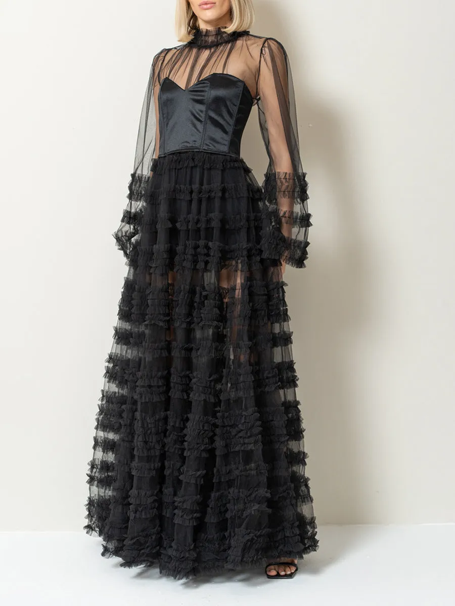 Stand Collar Sheer Mesh Tiered Formal Dress