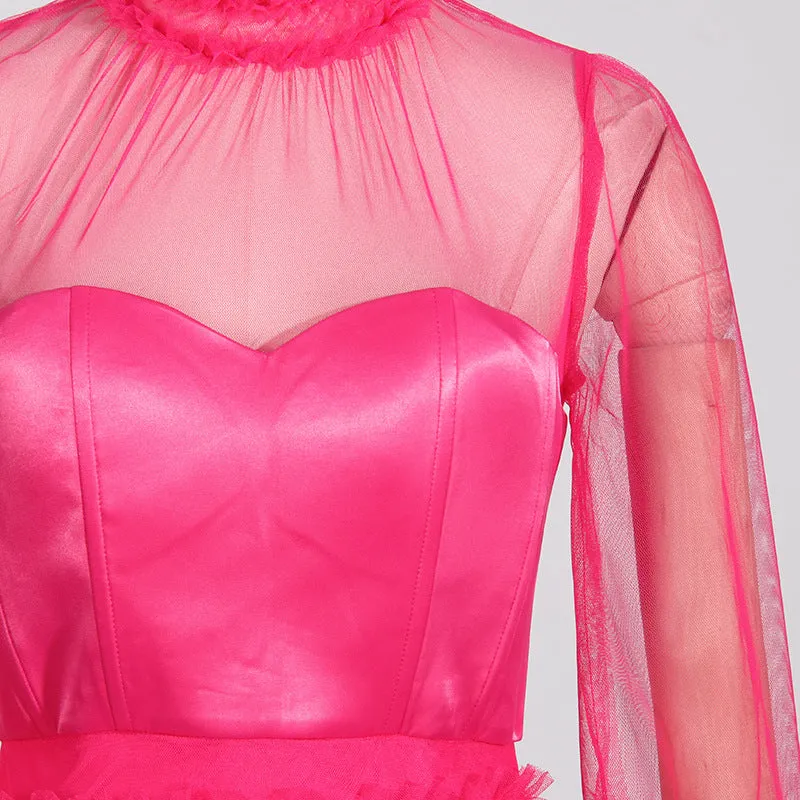 Stand Collar Sheer Mesh Tiered Formal Dress