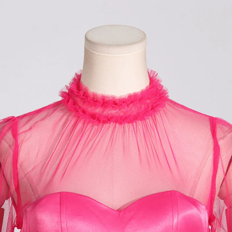 Stand Collar Sheer Mesh Tiered Formal Dress