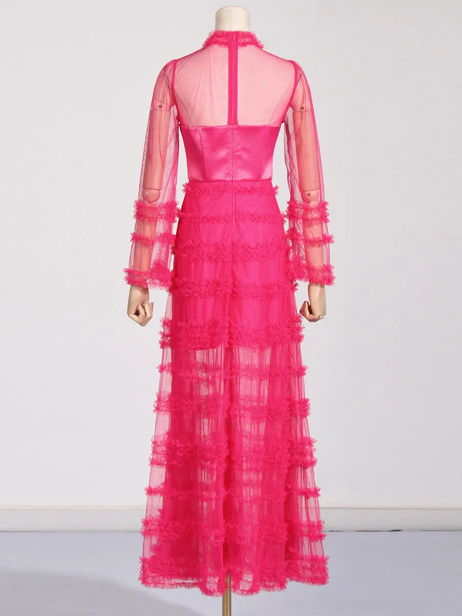 Stand Collar Sheer Mesh Tiered Formal Dress