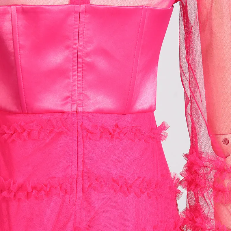 Stand Collar Sheer Mesh Tiered Formal Dress