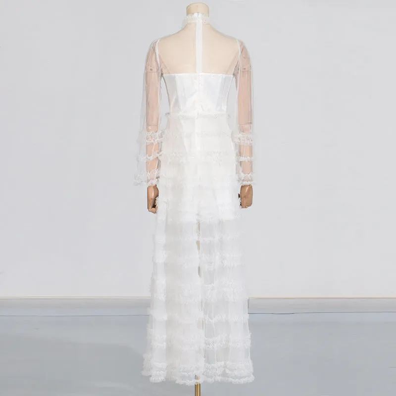 Stand Collar Sheer Mesh Tiered Formal Dress