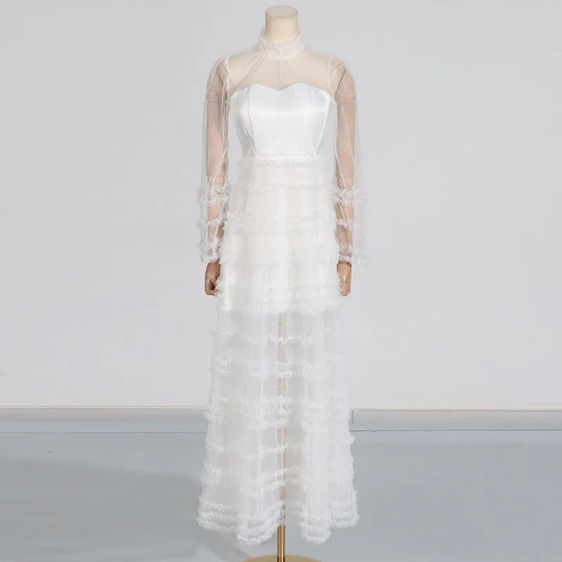 Stand Collar Sheer Mesh Tiered Formal Dress