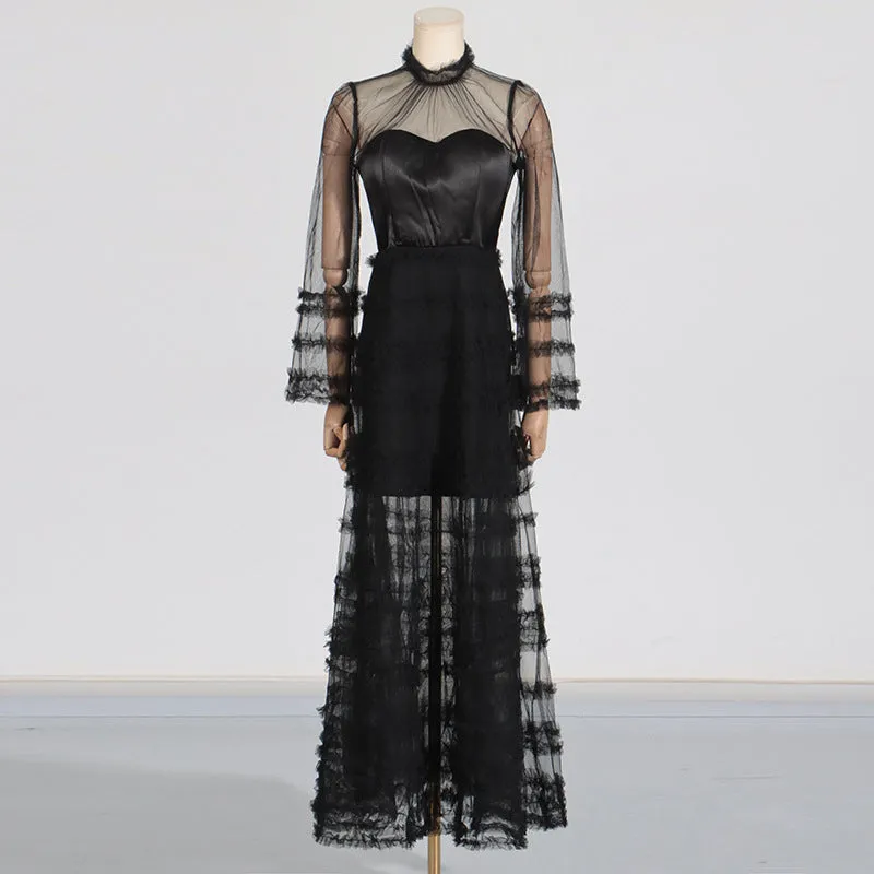 Stand Collar Sheer Mesh Tiered Formal Dress