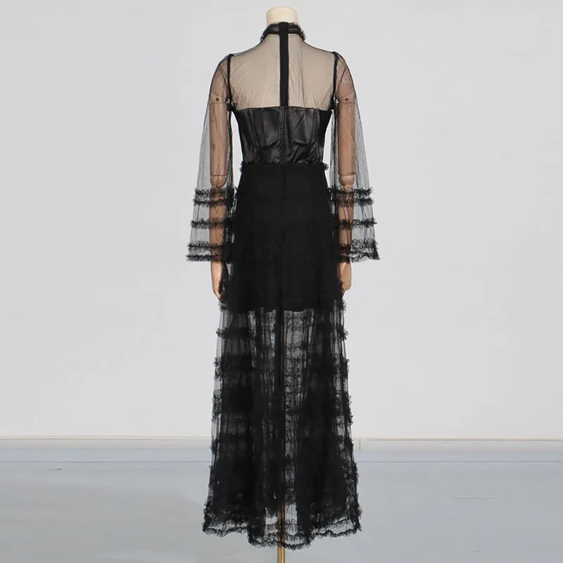 Stand Collar Sheer Mesh Tiered Formal Dress
