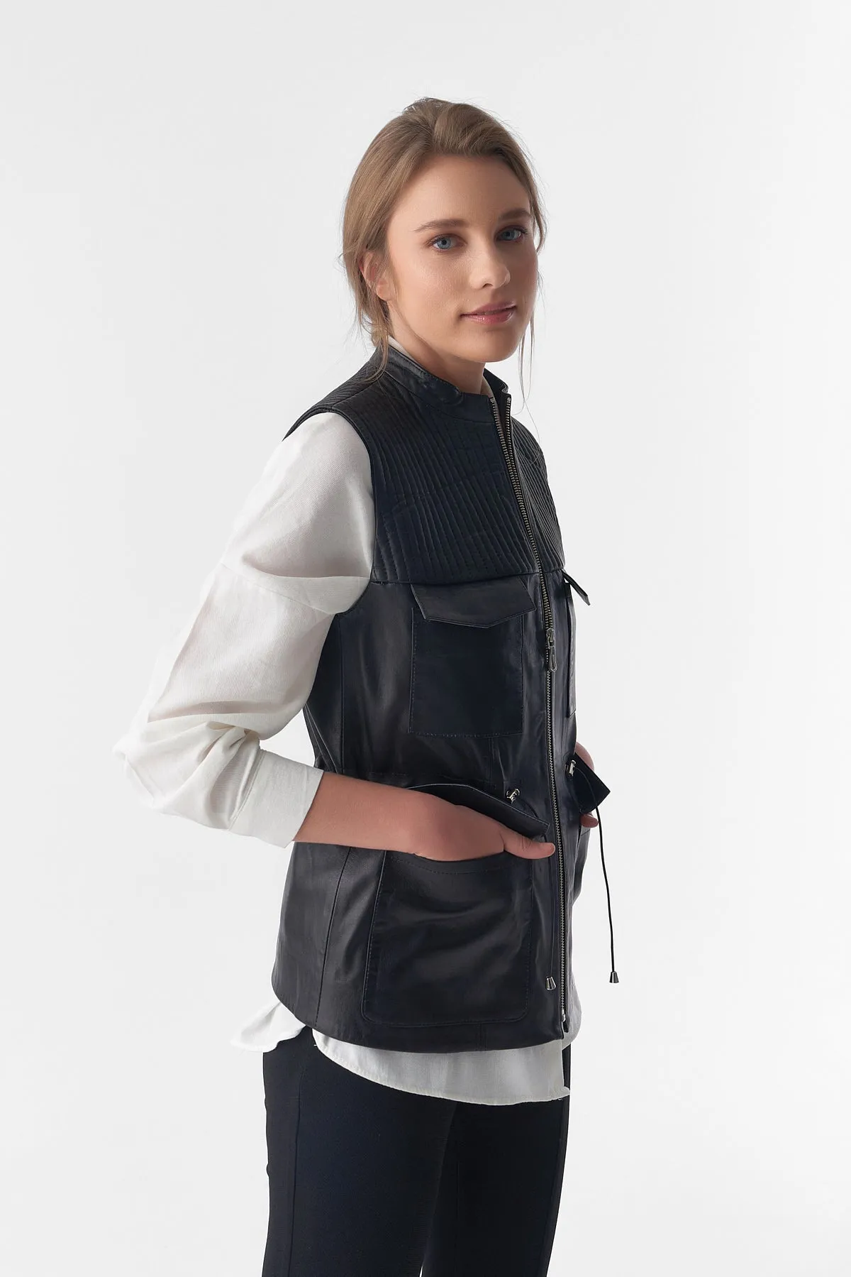 Stitch Drawstring Sleeveless Jacket, Waistcoat, Black