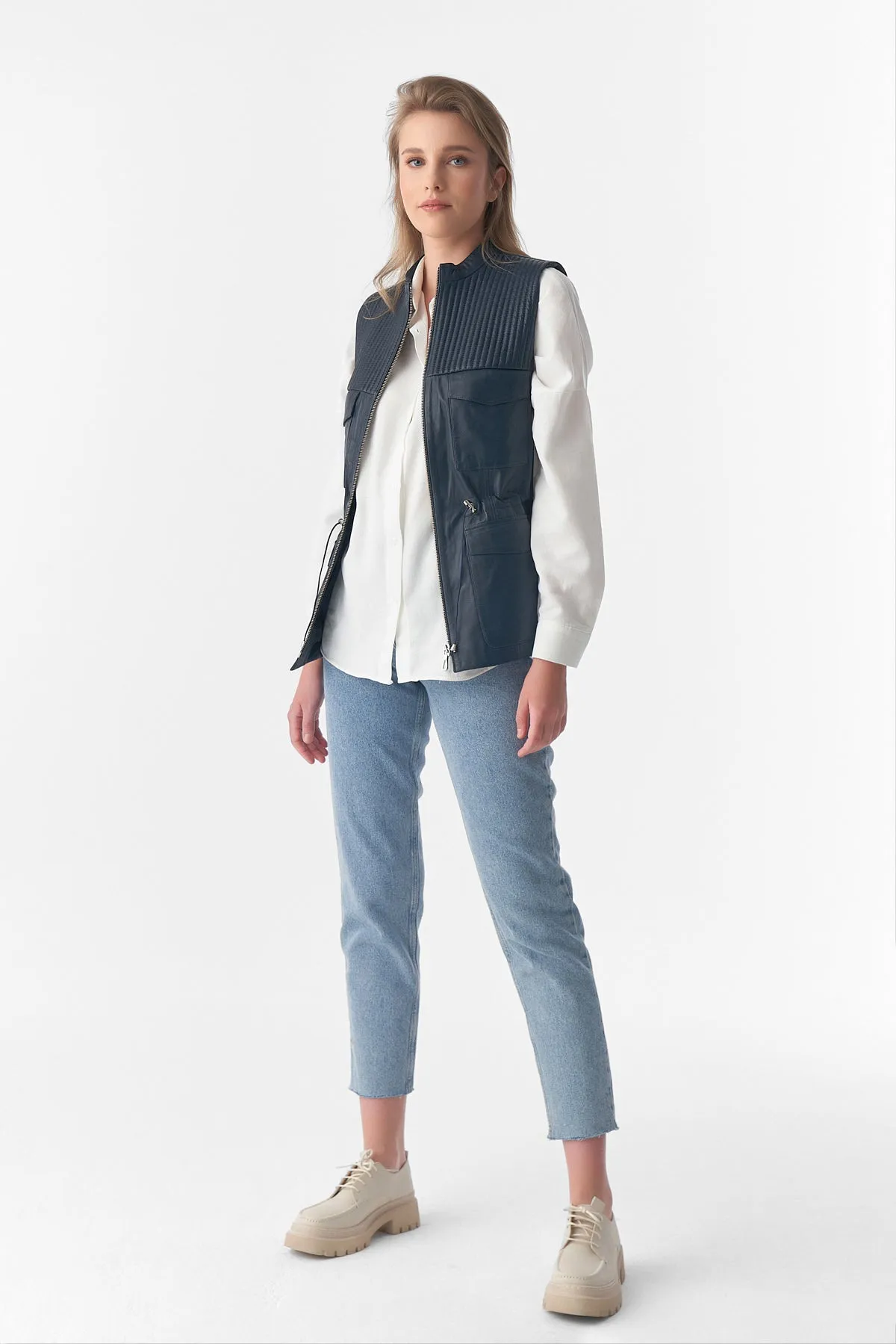Stitch Drawstring Sleeveless Jacket, Waistcoat, Navy