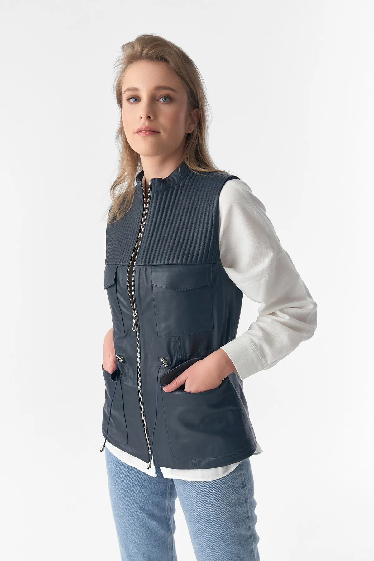 Stitch Drawstring Sleeveless Jacket, Waistcoat, Navy
