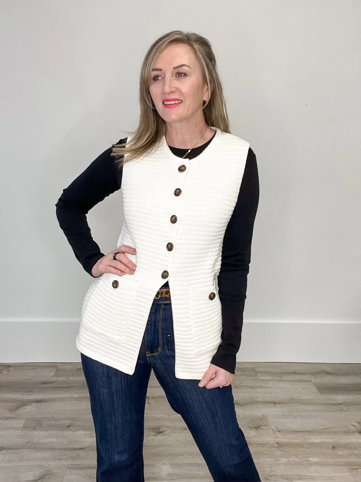 Sweater Button Down Vest - Cream