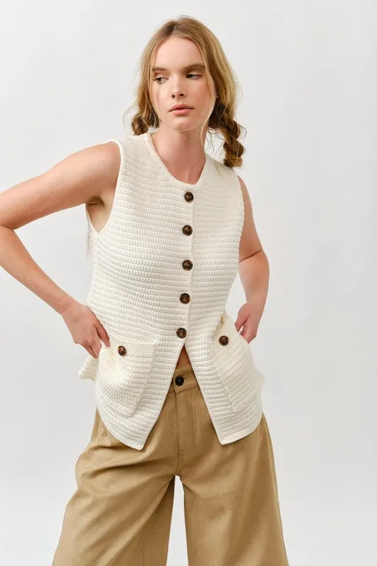 Sweater Button Down Vest - Cream