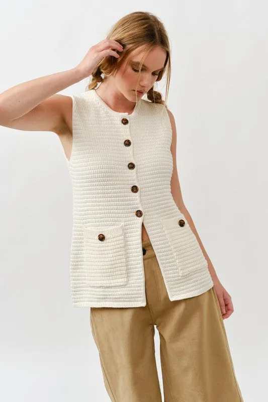 Sweater Button Down Vest - Cream
