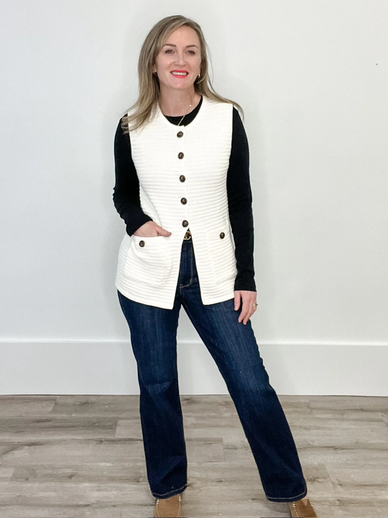Sweater Button Down Vest - Cream